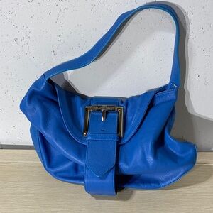 Isaac Mizzrahi Blue Leather Shoulder Bag with Gold Buckle
